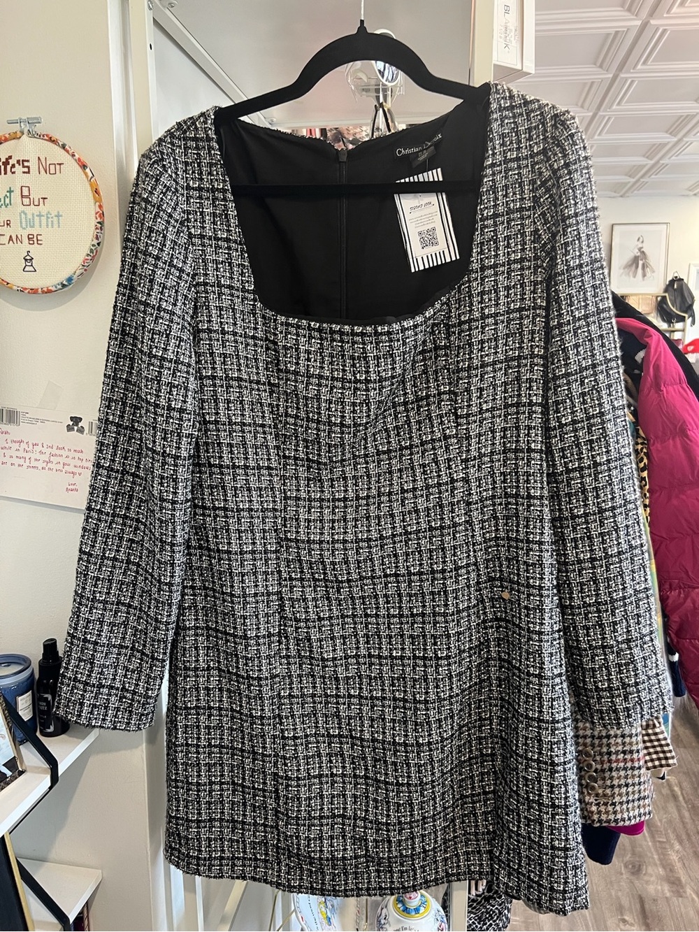 Christian Lacroix Black and White Tweed Long-Sleeve Dress